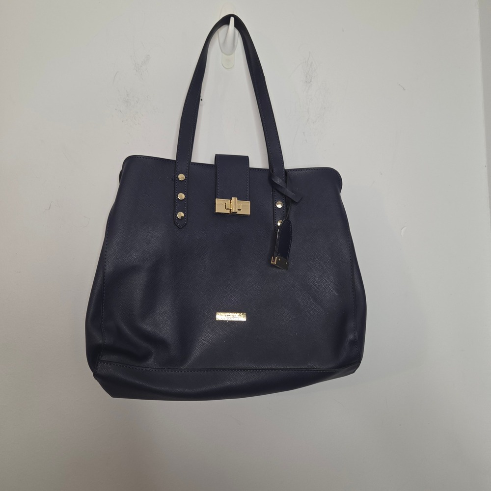 Trina Turk Navy Blue Saffiano Leather Tote Bag Gold Hardware Floral Lining Large
